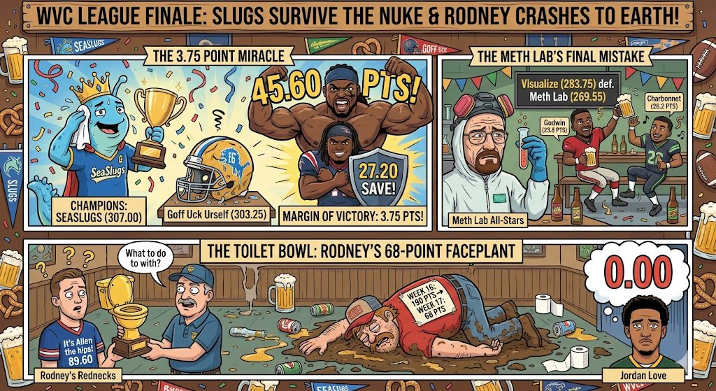 A hand-made league finale comic panel from before The Wrap Sheet existed: the SeaSlugs' 3.75-point championship miracle and a 68-point Toilet Bowl faceplant.