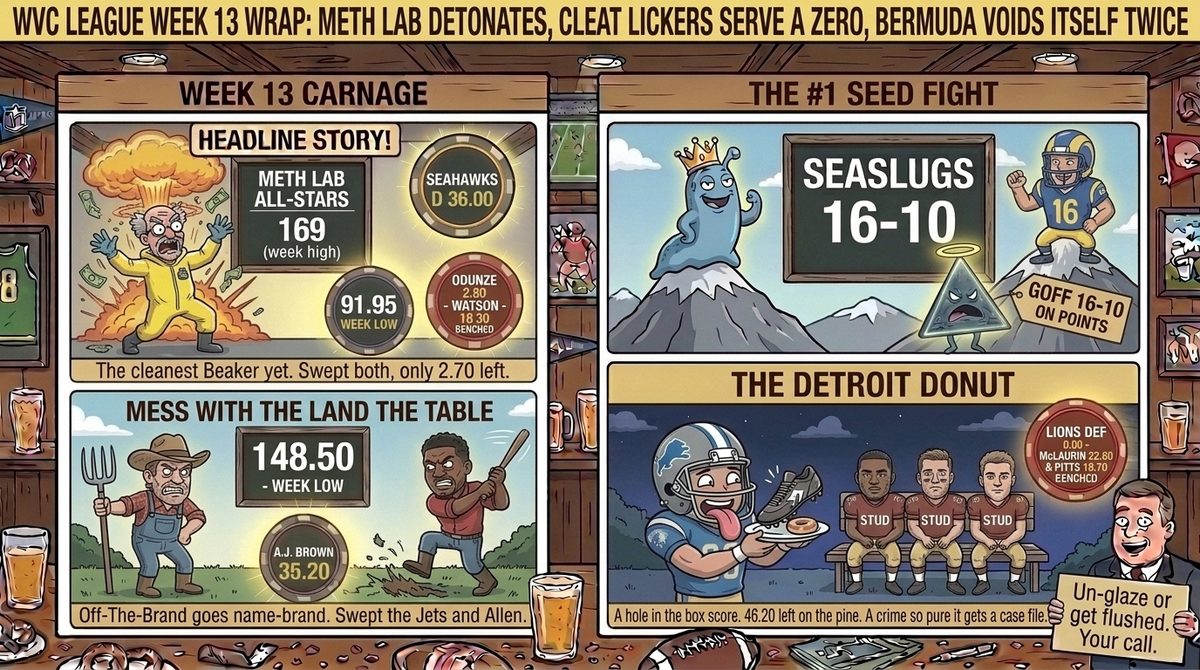 The WVC League's Week 13 comic panel: the Meth Lab All-Stars' chemist detonates at the 169 week high, farmers brawl over Mess with the Land's sweep, and a Lions helmet serves the Detroit Donut — a 0.00 from a started defense.
