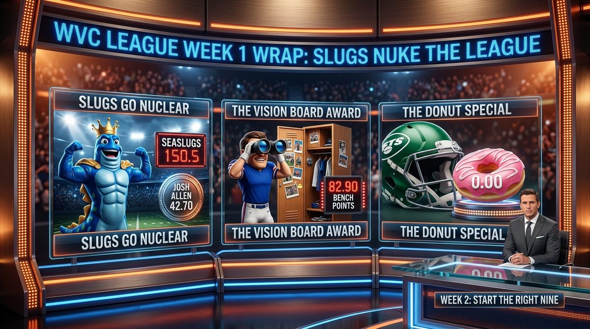 Broadcast Desk art style: the same WVC Week 1 wrap as a primetime studio graphics package with lower-third score banners.