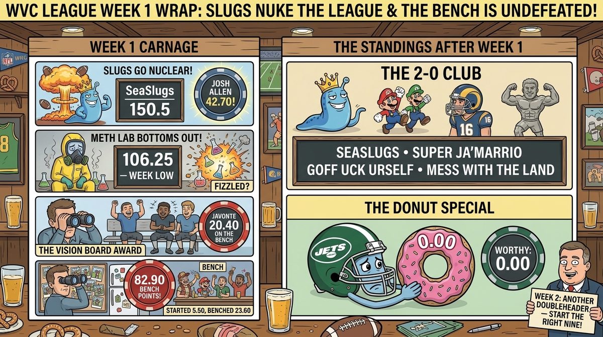 The Wrap Sheet weekly comic panel from the WVC League's Week 1: a crowned sea slug flexes over a 150.5 scoreboard, a hazmat-suited chemist melts down at the 106.25 week low, and a sad Jets helmet reaches for a 0.00 donut.