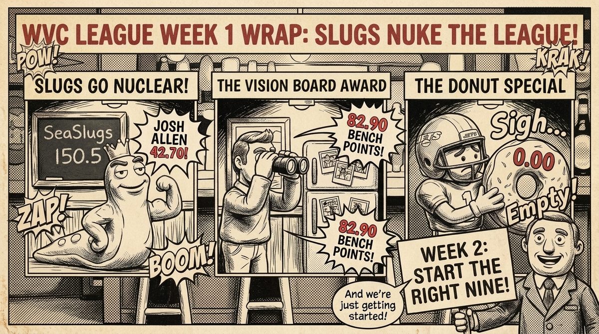Editorial Cartoon art style: the same WVC Week 1 wrap as a black-and-white pen-and-ink newspaper cartoon with red spot-color scores.
