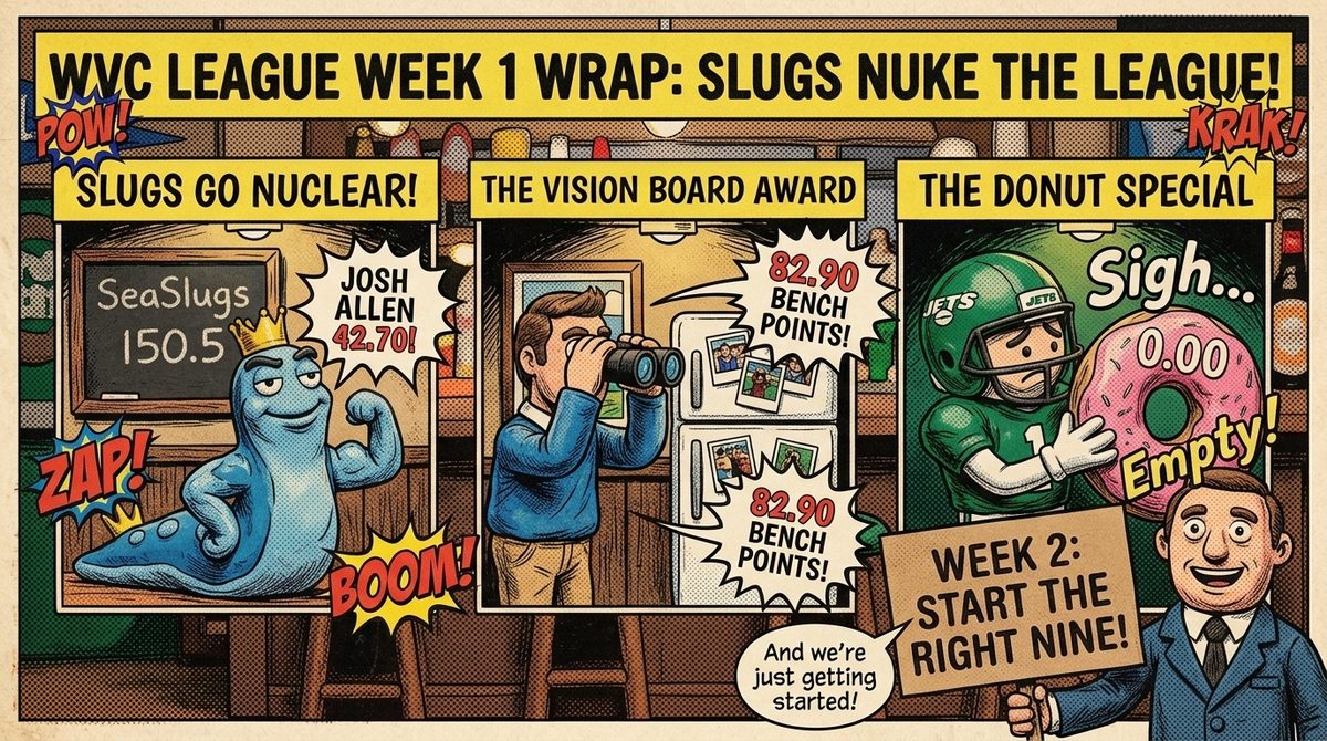 Comic Halftone art style: the same WVC Week 1 wrap as a vintage comic splash page with Ben-Day dots and POW accents.