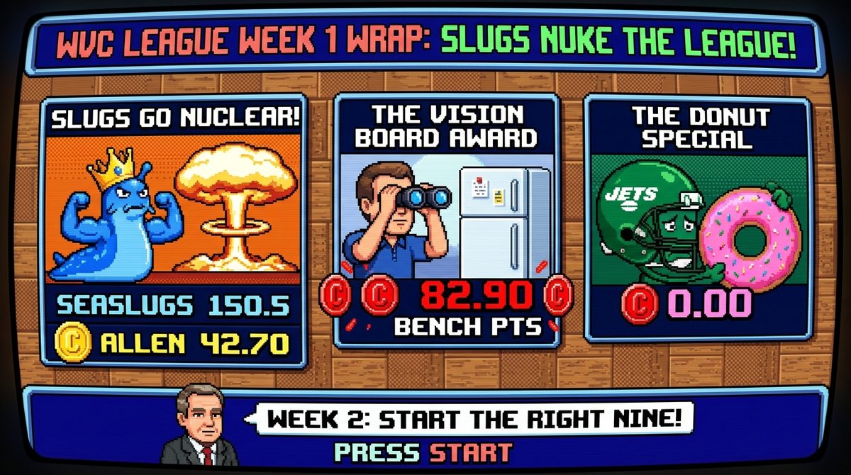 Retro Pixel art style: the same WVC Week 1 wrap as a 16-bit arcade game screen with sprite mascots and CRT glow.