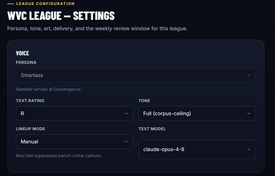 The commissioner portal's league settings: persona, text rating set to R, tone, and art style — the real controls, per league.